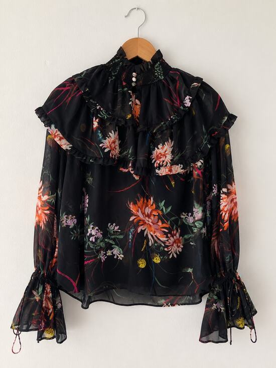 H&M Tops - H&M Floral Ruffle Chiffon Blouse Black Sheer  Romantic Boho Top Size S